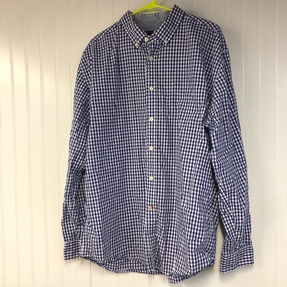 Tommy Hilfiger Long Sleeve Blue Checkered Men's Button Down Shirt XL Plaid